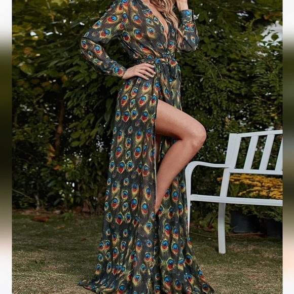 Peacock Print,  Long Sleeved,  Deep V Neck,  Slit Thigh, Mermaid Gown - Picture 8 of 10